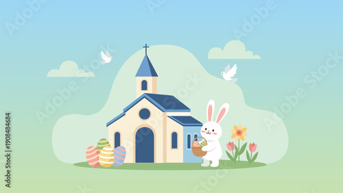 Cute Easter Bunny with Church and Colorful Eggs Christian Easter Illustration