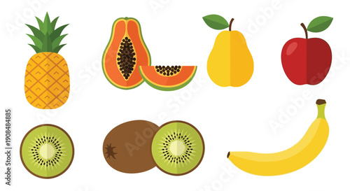 A colorful collection of various fresh fruits displayed in a flat design