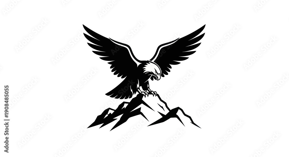 Obraz premium Soaring eagle silhouette over mountain peaks