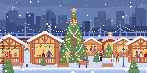 Festive christmas market scene with a brightly lit tree and snowy cityscape