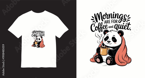 Cute panda wrapped in blanket drinking coffee for morning relaxation