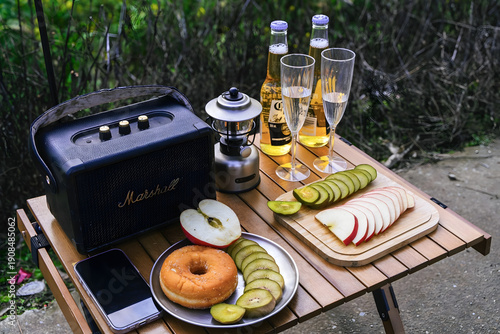 Bild auf Leinwand Outdoor Picnic Celebration with Champagne, Speaker and Gourmet Snacks