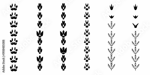 Black and white illustration of various animal footprints in neat rows