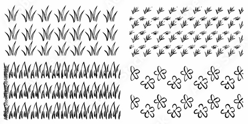 Stylized botanical illustration featuring grass and flower elements in black