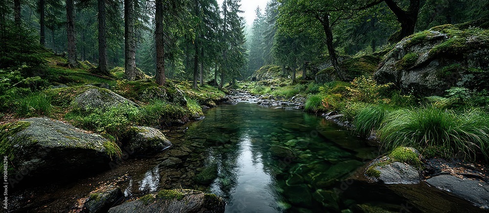 Obraz premium A serene river flows through a lush, forested landscape with reflections