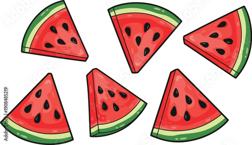 Illustration of fresh watermelon slices with seeds on white background