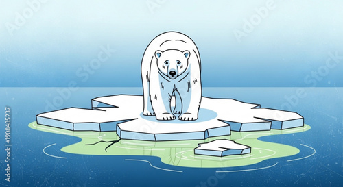Polar bear standing on melting ice floe in ocean water with green algae