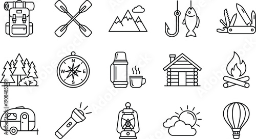 Camping and outdoor adventure icon set with travel equipment and nature symbols in line vector illustration isolated on white background for hiking design