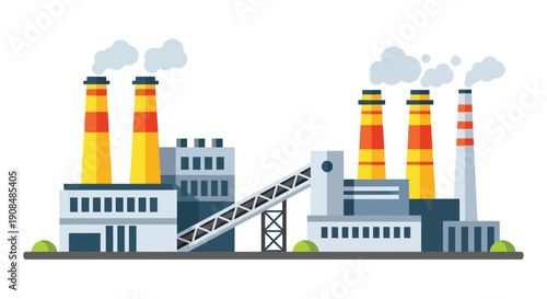 Industrial complex with multiple smokestacks emitting pollution into the sky