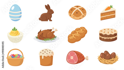 Easter Celebration Food and Symbol Set with Eggs Bunny and Traditional Dishes – Festive Easter Campaign Illustration