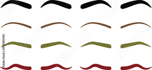 Eyebrow shape collection featuring various stylized brow designs in multiple colors vector illustration isolated on white background for beauty and cosmetic design