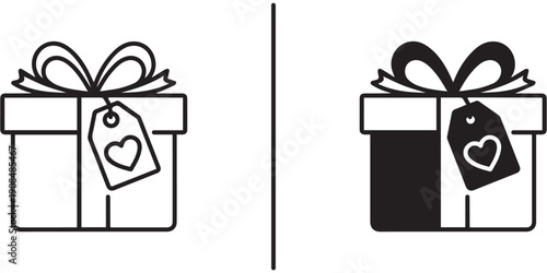 Two simple line art gift boxes with heart tags and ribbons