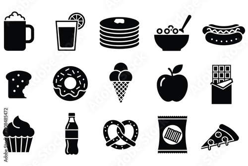 Assortment of popular food and drink icons on a white background Keywords: food, drink, icons, assortment, collection, set