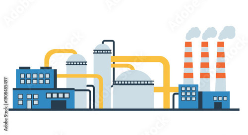Simplified illustration of an industrial complex with smokestacks