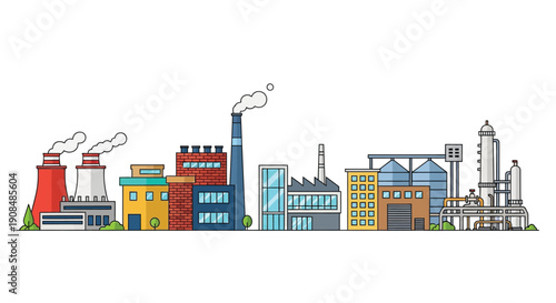 Industrial cityscape illustration featuring factories smokestacks and buildings