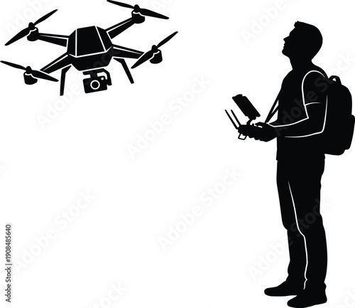 Drone operator controlling quadcopter with remote controller silhouette vector illustration isolated on white background representing aerial photography and modern technology concept