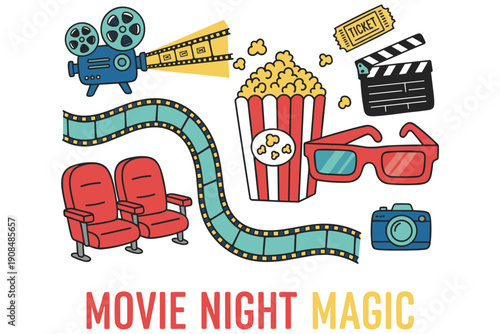 Assortment of Movie Night Elements Including Projector, Seats, Popcorn, and Ticket Keywords: movie, cinema, film, projector, film