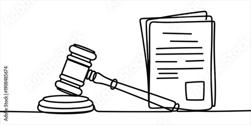 Gavel and Legal Document Single Line Drawing