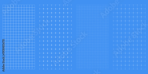 Set of seamless blueprint blue grid patterns. White notebook paper with precise square structure. Background textures for architecture and engineering use.
