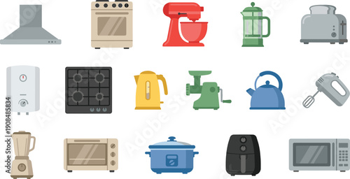Kitchen appliance icon set featuring modern household cooking equipment in flat vector illustration isolated on white background for home and culinary design