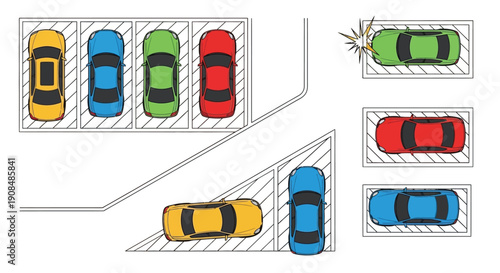 Overhead view of colorful cars in a parking lot with collision
