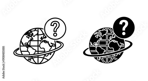 Globe with Question Mark Icon Set - Global Inquiry, International Unknowns, or Worldwide Questions