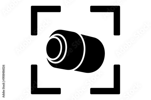 photographic lens icon framed by a focusing rectangle, a modern, minimalist design 