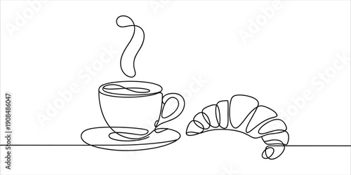 Hot Coffee Cup with Steam and Croissant, Single Line Drawing, Minimalist Breakfast Concept