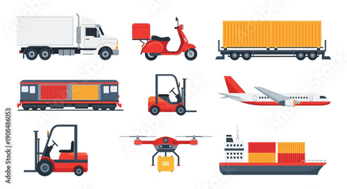 Various modes of transportation including trucks planes and ships illustrated
