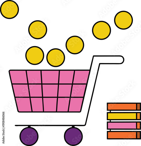 Pixel coins flowing smoothly into shopping cart