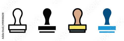 Official rubber stamp and business document approval icon vector. Professional verification seal and paperwork validation symbol set. Vector illustration.