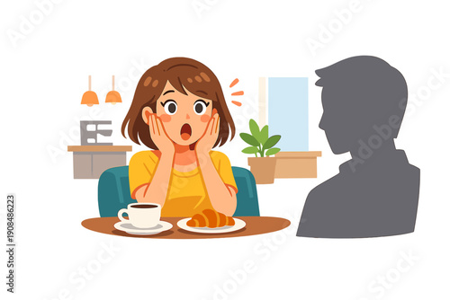 In a café, a woman looks wide-eyed with surprise when she unexpectedly meets someone