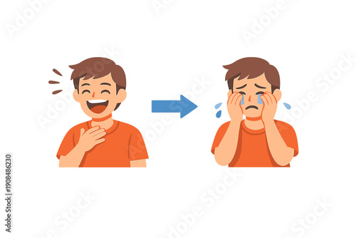 A figure abruptly shifts from laughing to crying, surrounded by empty copy space, rendered in flat design