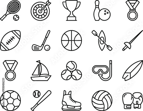 Sports equipment icon set featuring various athletic game symbols in minimalist line vector illustration isolated on white background for fitness and recreation design