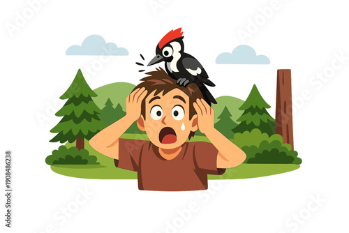 A man is stunned when a woodpecker unexpectedly lands on his head in a forest