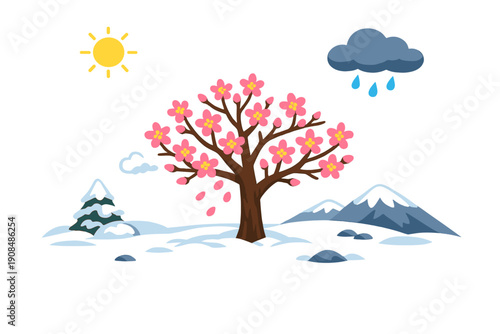 In the snow, a tree suddenly blossoms, its flowers starkly highlighting the unforeseen impacts of climate change