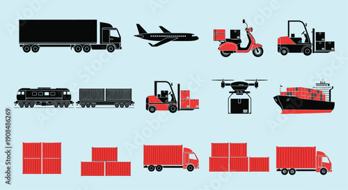Various modes of transportation and cargo containers illustrated in black and red
