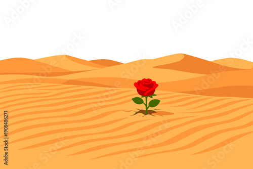 In the expansive, undulating desert sands, a lone crimson rose unexpectedly unfurls