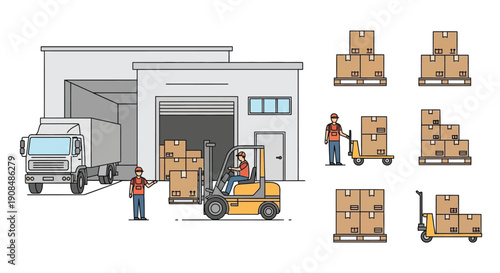 Warehouse logistics scene depicting loading docks forklifts and cargo boxes