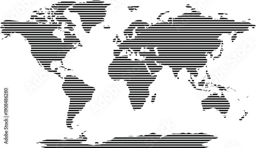 Striped world map silhouette with global continents in abstract vector illustration isolated on white background for geography and travel design