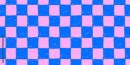 Seamless abstract horizontal blue large checkered pattern on pink background, colorful checkerboard pattern drawn with brush, simple hand-drawn vector illustration, drawing, flat style