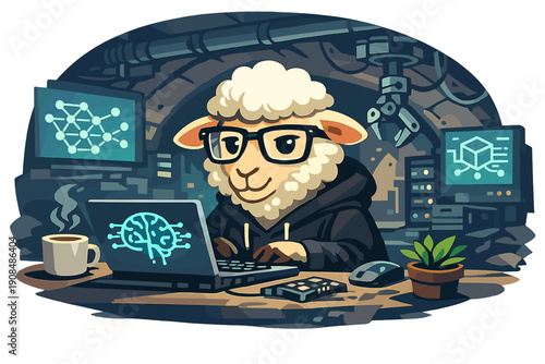 In an unexpected twist, a sheep from a biblical story turns into a cutting‑edge AI developer in the underground scene, sporting hipster glasses