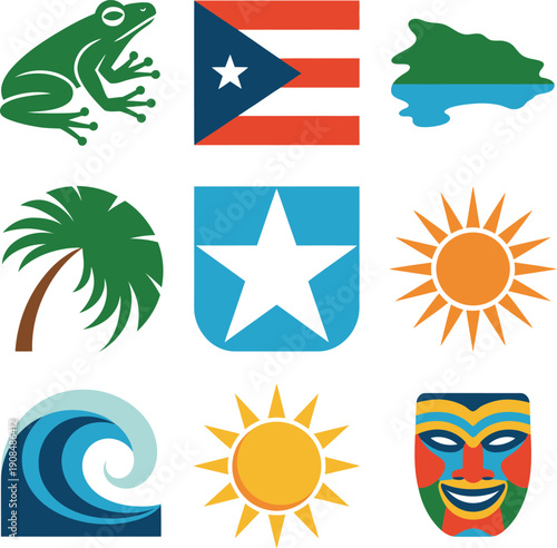 Puerto Rico Icons Set: Sun, Map, Flag, Coqui Frog, Wave, Palm Tree