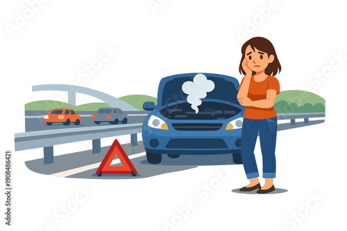 A worried woman waits beside her car, which has suddenly stopped on the highway