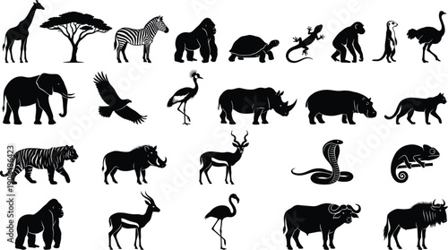 Wild animals silhouette set featuring African safari wildlife collection in black vector illustration isolated on white background for nature and zoology design
