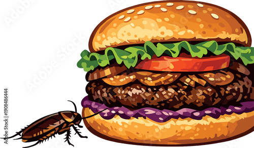 A close‑up photo featuring an unconventional gourmet burger, with a cockroach oddly positioned near the bun