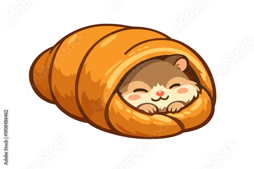 A small hamster cozily nestles inside a warm, golden‑brown pastry, forming a delightful and surprisingly cute combination