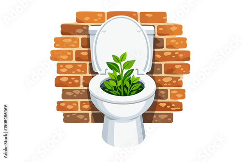 An unexpected green plant flourishes inside a spotless white toilet bowl against a rustic brick wall, offering a striking contrast between nature and home