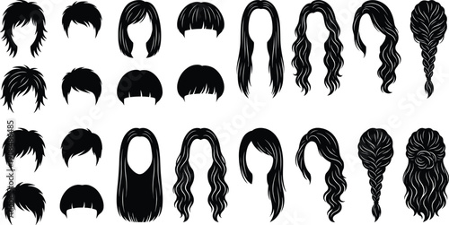 Women hairstyle silhouette set featuring various long and short haircuts in black vector illustration isolated on white background for beauty and fashion design