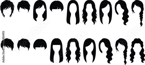 Women hairstyle silhouette collection featuring various modern female haircuts in black vector illustration isolated on white background for beauty and fashion design